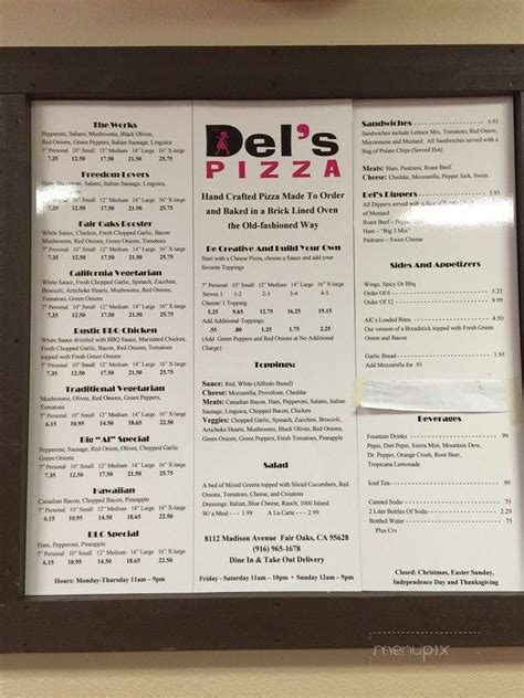 Del's pizza - Fri. 4PM-11PM. Saturday. Sat. 4PM-11PM. Updated on: Jul 11, 2023. J. Del's Pizza is #12 of all Pigeon Forge restaurants: online menu, 2091 visitors' reviews and 202 detailed photos. Find on the map and call to book a table.